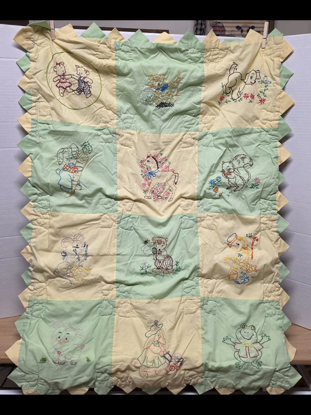 Vintage Reversible Hand-Embroidered Baby Quilt - John Deere & Nursery Animals